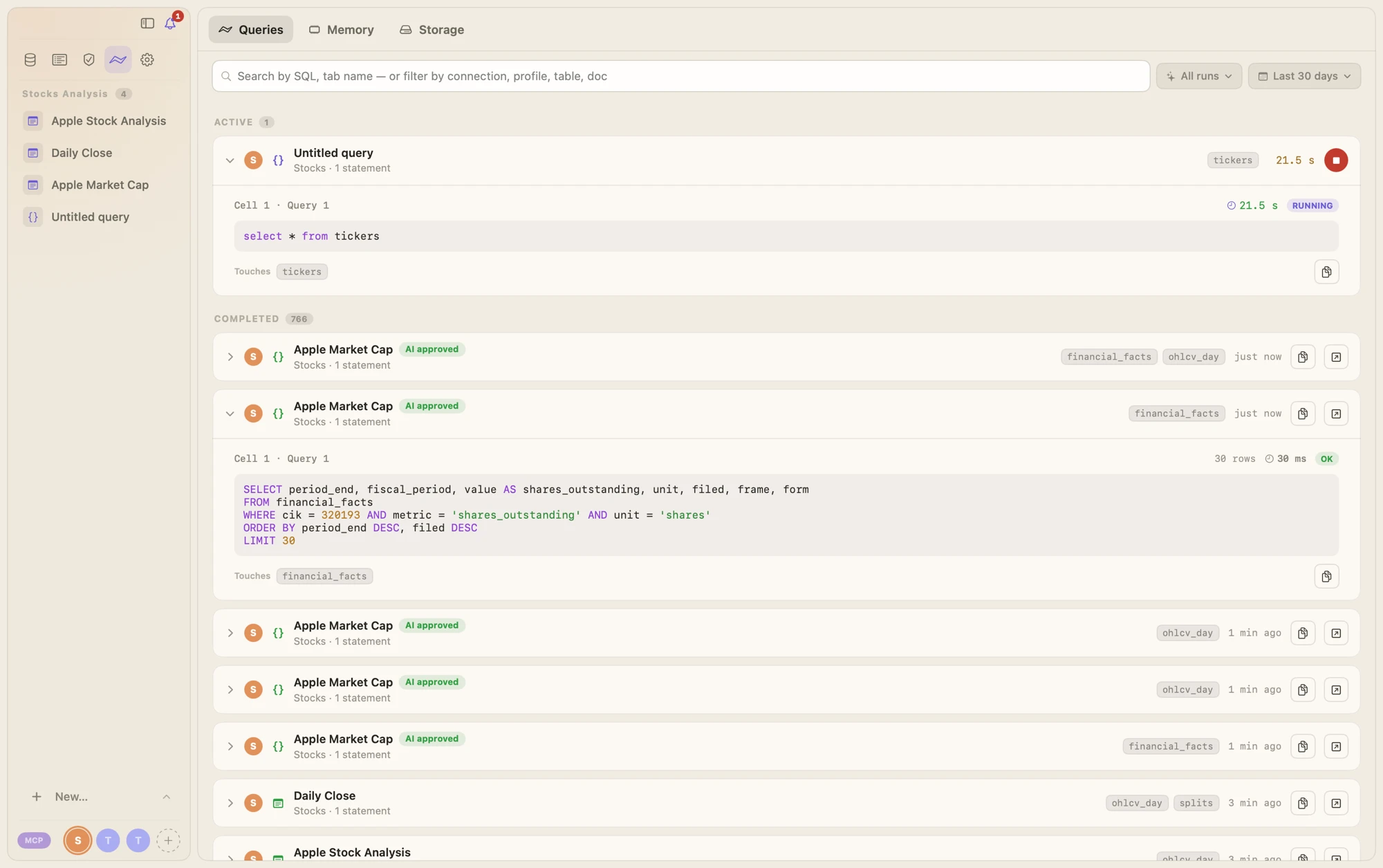 Peekeasy activity log listing recent queries with AI-approved badges and the tables they touched