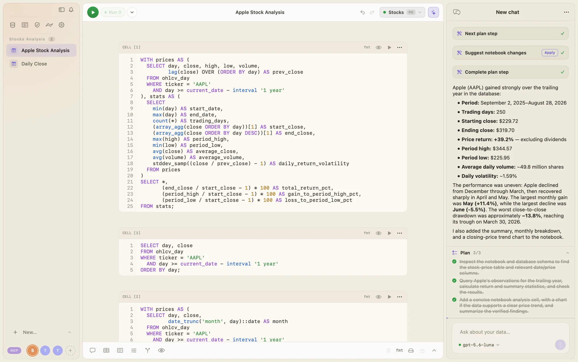 Peekeasy notebook with the AI agent's written analysis of Apple stock over the trailing year